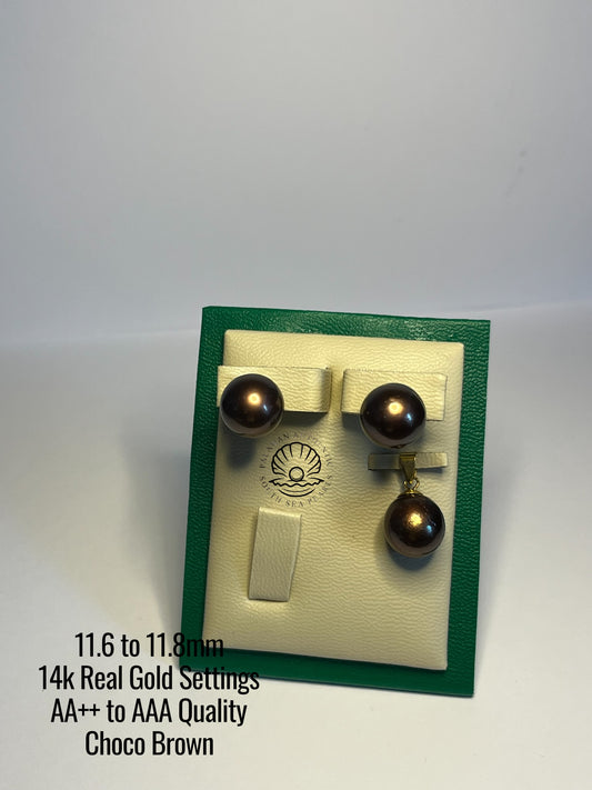 11.6 to 11.8mm Palawan Authentic Choco Brown Color South Sea Pearl Sets in 14k Real Gold Settings