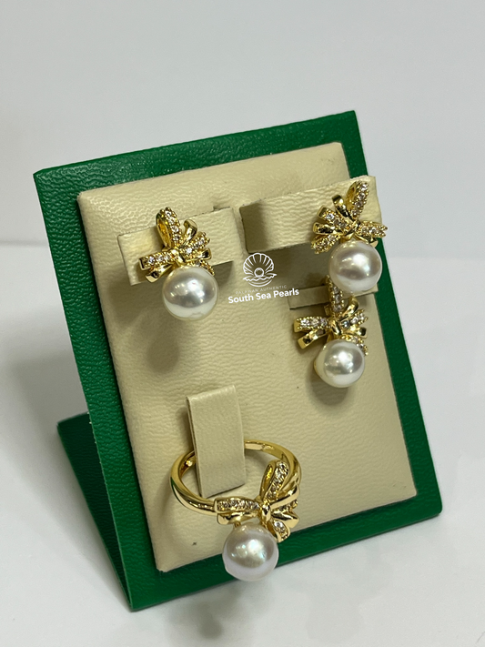 8.1 to 8.5mm Palawan Authentic White Color South Sea Pearl Sets in 5 Micron Plated Settings
