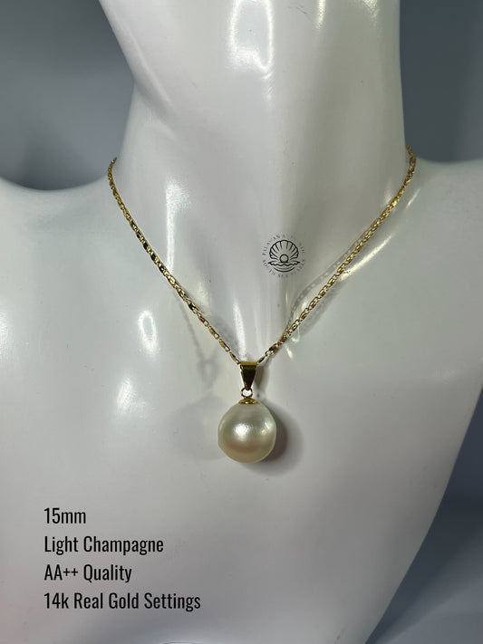15mm Palawan Authentic Light Champagne Color South Sea Pearl Pendant in 14k Real Gold Settings
