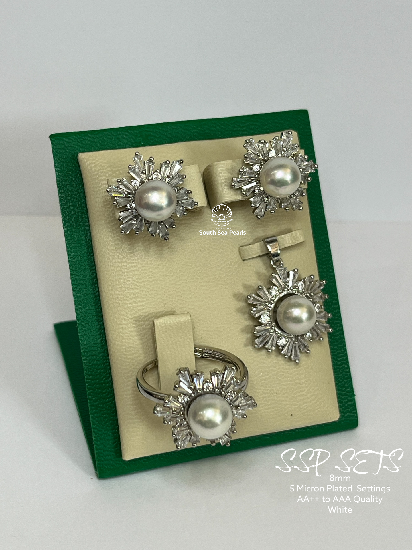8mm Palawan Authentic White Color South Sea Pearl Sets in 5 Micron Plated Settings