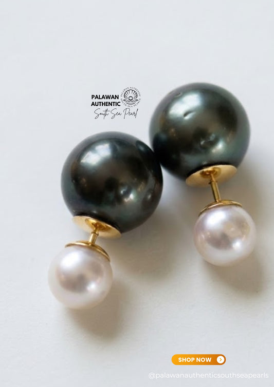 7.7 to 12.7mm Palawan Authentic White and Tahitian Black Color South Sea Pearl Earrings in 14k Real Gold Settings