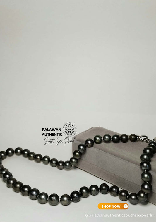 9 to 10mm Palawan Authentic Tahitian Black Color South Sea Pearl Choker in 5 Micron Lock Settings