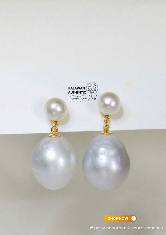 7.5 to 16mm Palawan Authentic White and Silver White Color South Sea Pearl Earrings in 14k Real Gold Settings