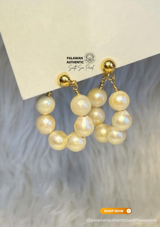 6.6 to 6.9mm Palawan Authentic Creamy White Color South Sea Pearl Earrings in 14k Real Gold Settings