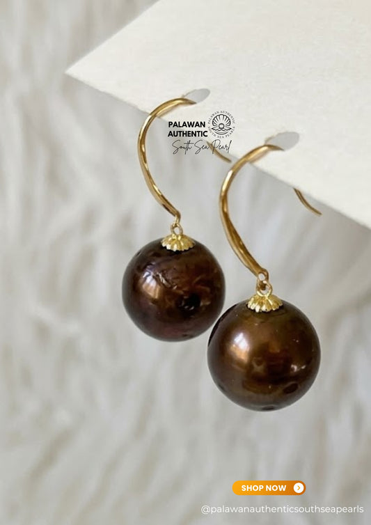 10.4mm Palawan Authentic Choco Brown Color South Sea Pearl Earrings in 14k Real Gold Settings