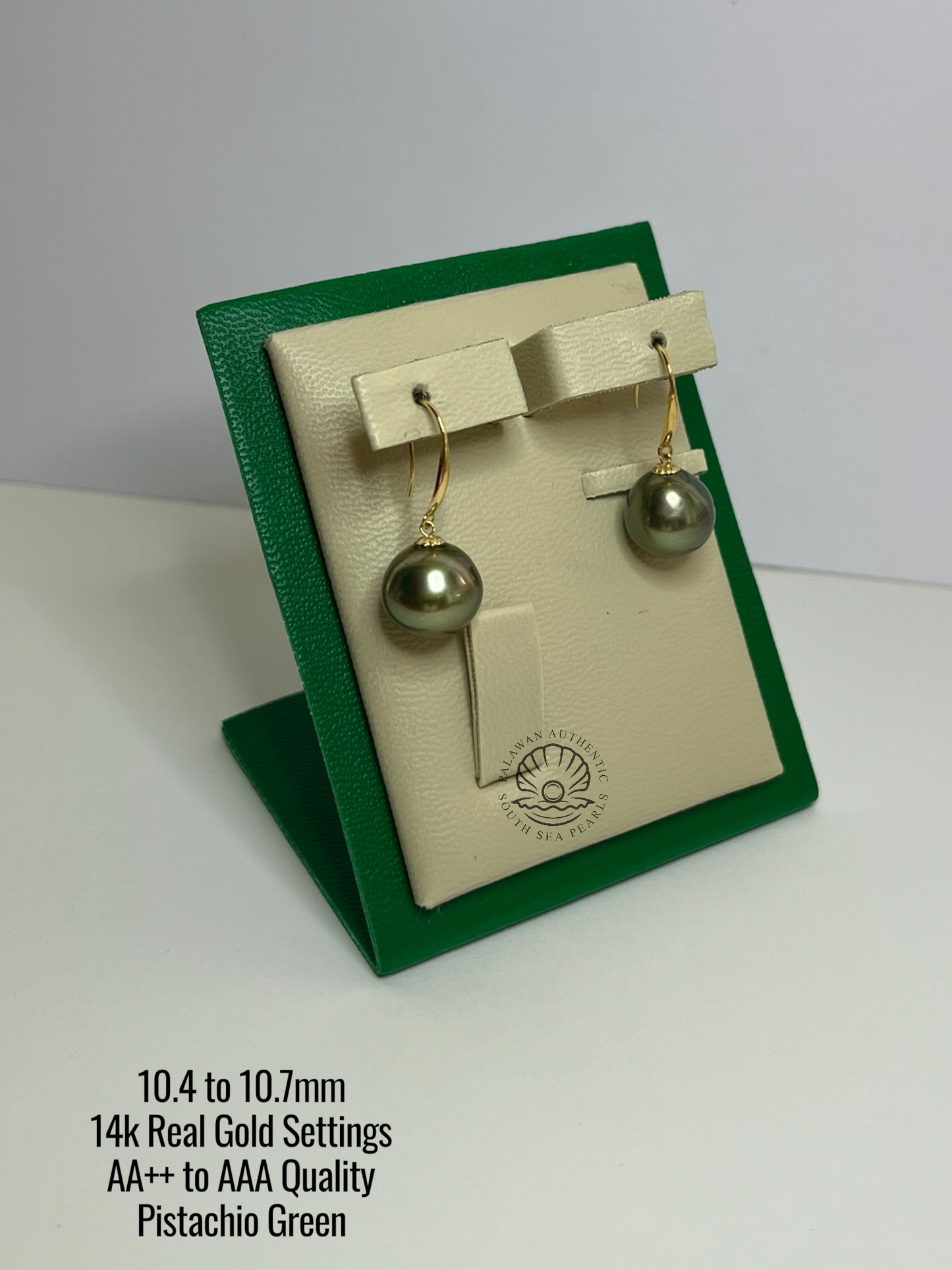10.4 to 10.7mm Palawan Authentic Pistachio Green Color South Sea Pearl in 18k Real Gold Settings