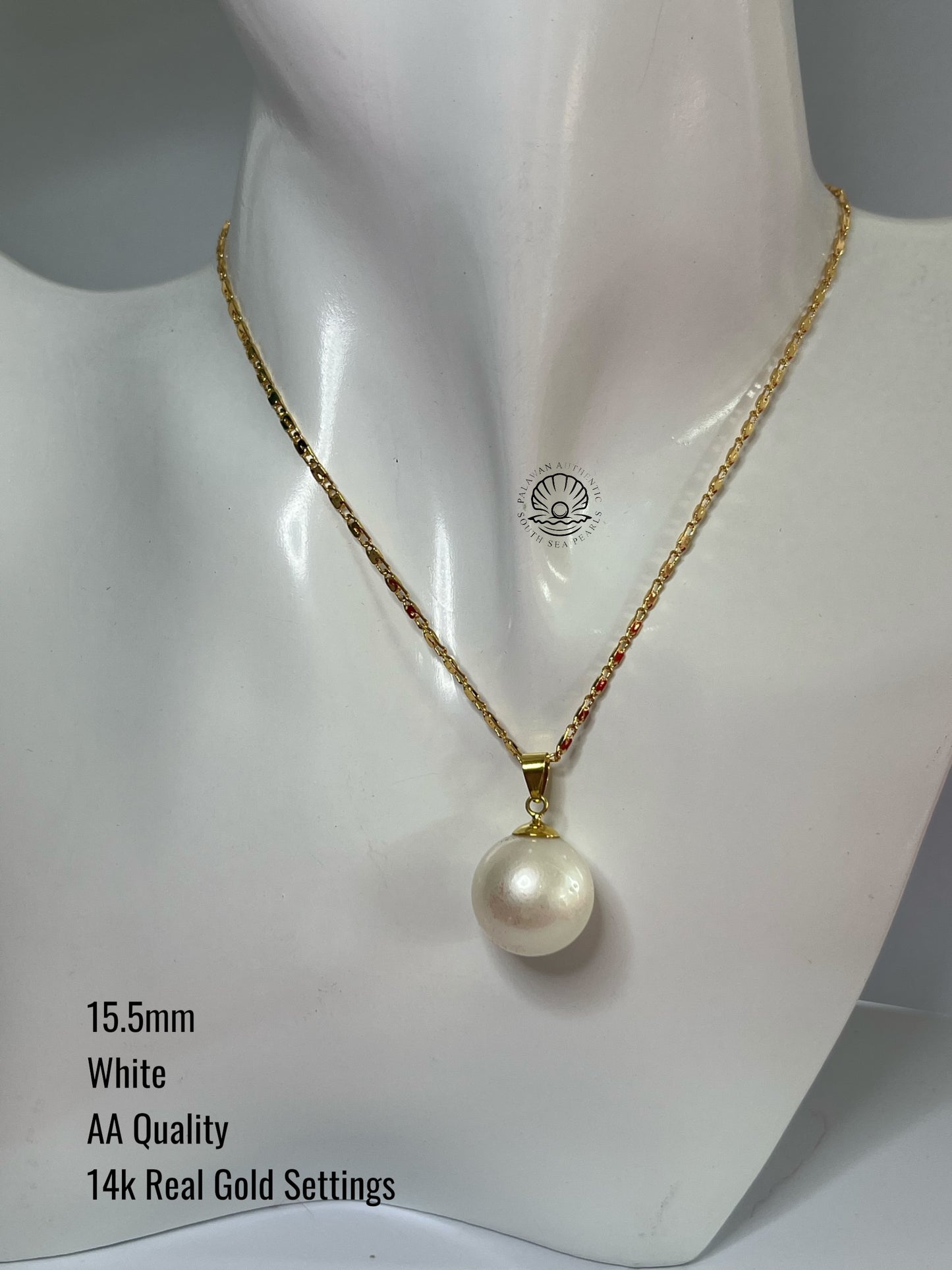15.5mm Palawan Authentic White Color South Sea Pearl Pendant in 14k Real Gold Settings