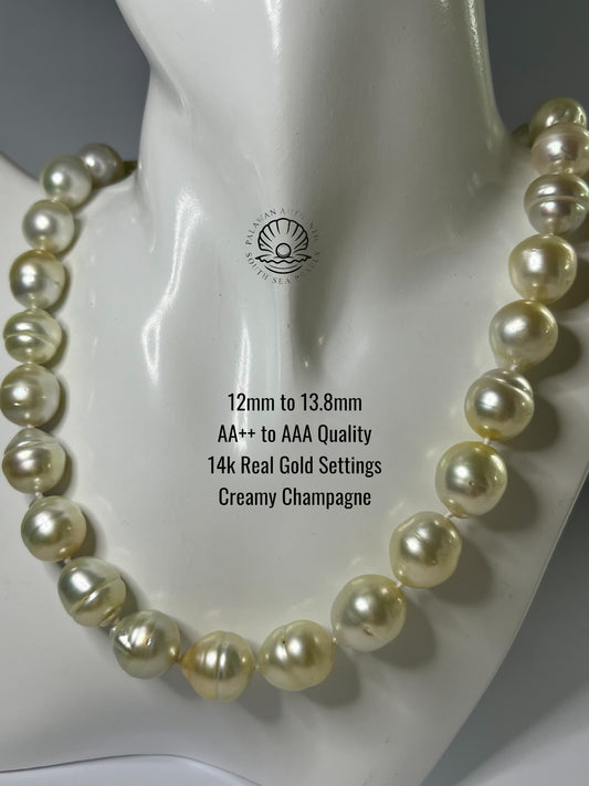 12 to 13.8mm Palawan Authentic Creamy Champagne Color South Sea Pearl Choker in 5 Micron Lock Settings
