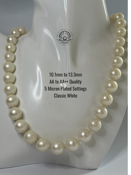 10.1 to 13.3mm Palawan Authentic Classic White Color South Sea Pearl Choker in 5 Micron Lock Settings