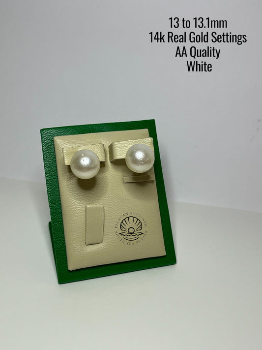 13 to 13.1mm Palawan Authentic White Color South Sea Pearl Earrings in 14k Real Gold Settings