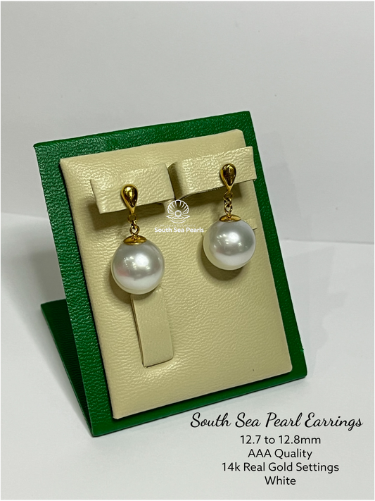New Arrival! 12.7 to 12.8mm Palawan Authentic White Color South Sea Pearl Earrings in 14k Real Gold Settings