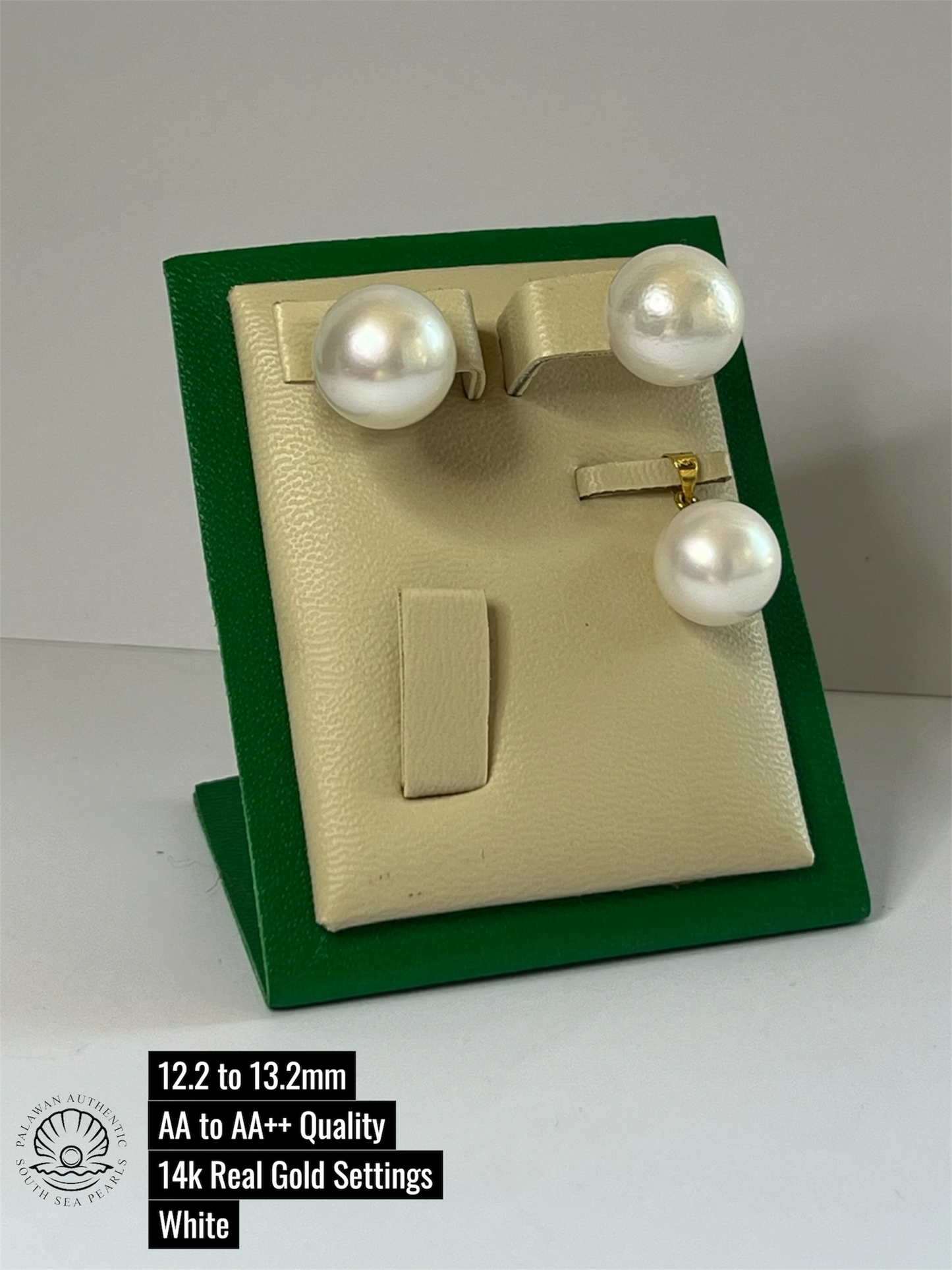 12.2 to 13.3mm Palawan Authentic White Color South Sea Pearl Sets in 14k Real Gold Settings