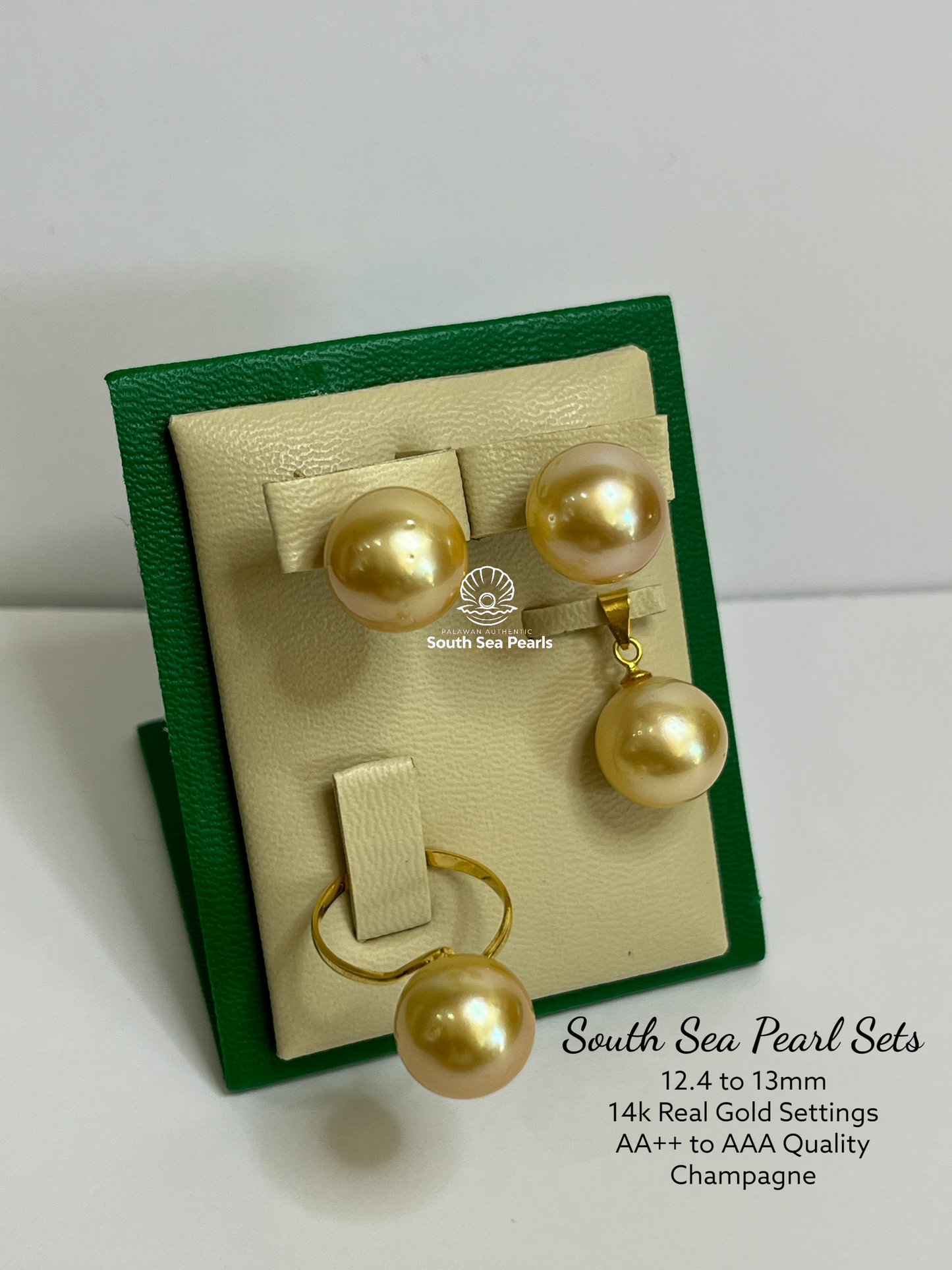 12.4 to 13mm Palawan Authentic Champagne Color South Sea Pearl Sets in 14k Real Gold Settings