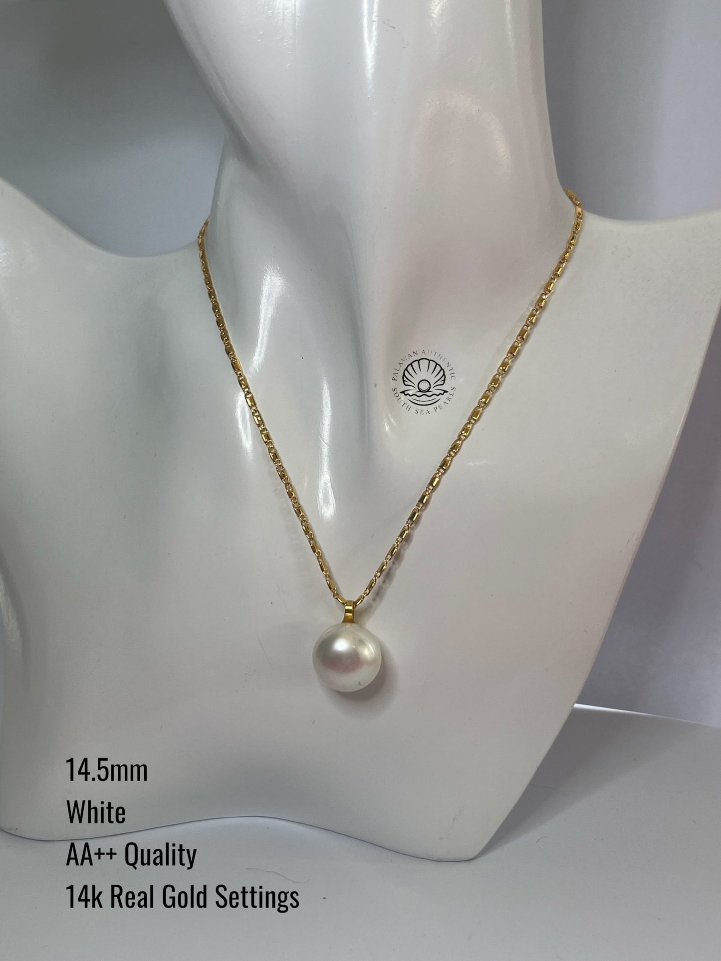 14.5mm Palawan Authentic Whites Color South Sea Pearl Pendant in 14k Real Gold Settings