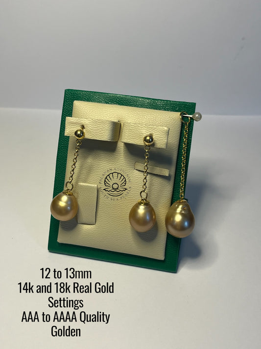 12 to 13mm Palawan Authentic Golden Color South Sea Pearl Sets in 14k Real Gold Settings
