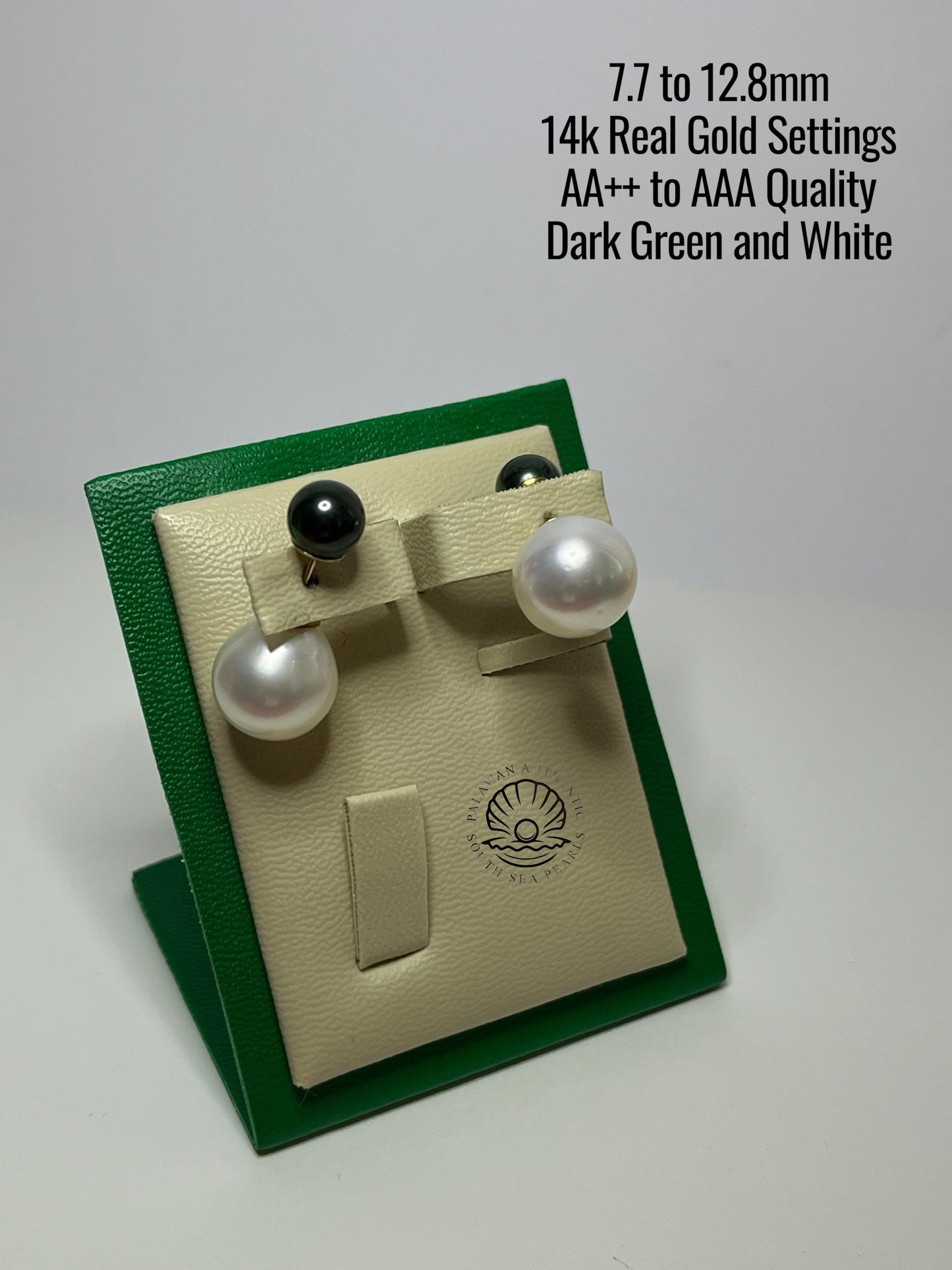 7.7 to 12.8mm Palawan Authentic Dark Green and White Color South Sea Pearl Earrings in 14k Real Gold Settings