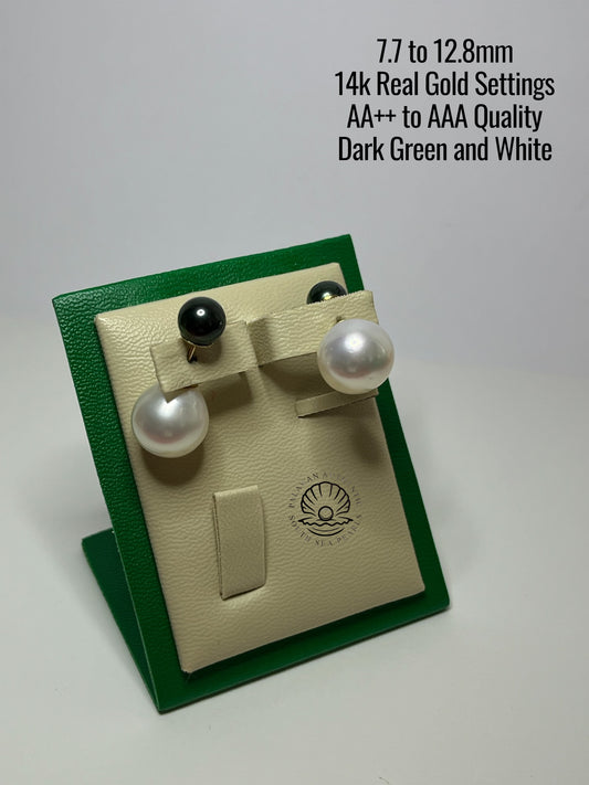 7.7 to 12.8mm Palawan Authentic Dark Green and White Color South Sea Pearl Earrings in 14k Real Gold Settings