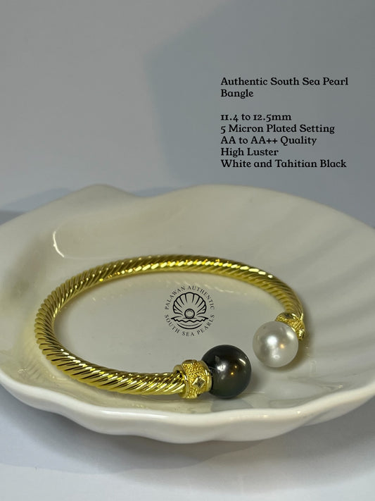 11.4 to 12.5mm Palawan Authentic White and Tahitian Black Color South Sea Pearl Bangle in 5 Micron Plated Settings