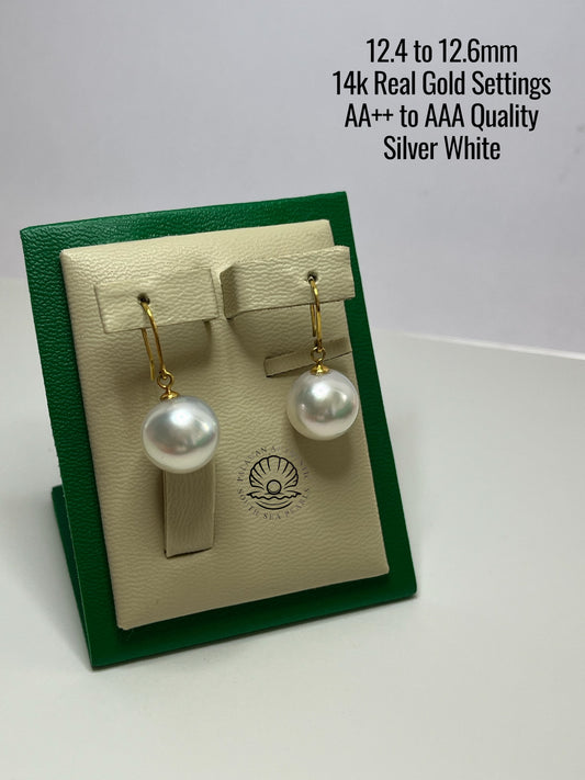 12.4 to 12.6mm Palawan Authentic Silver White Color South Sea Pearl Earrings in 14k Real Gold Settings