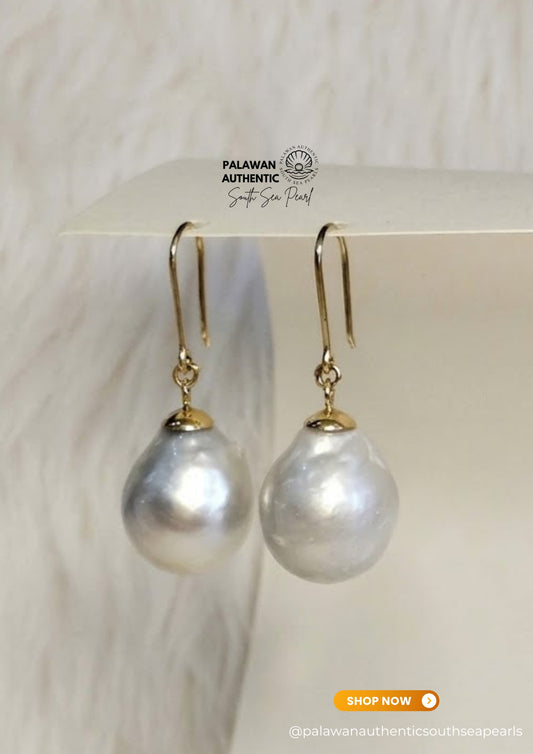 15mm Palawan Authentic Silver White Color South Sea Pearl Earrings in 14k Real Gold Settings