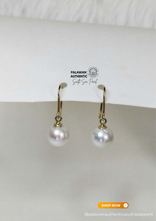 8.5mm Palawan Authentic White Color South Sea Pearl Earrings in 14k Real Gold Settings