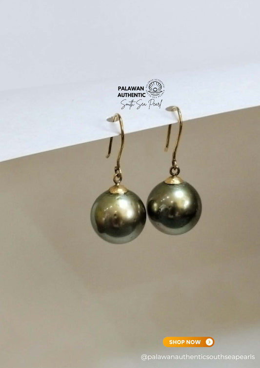 13.1 to 13.3mm Palawan Authentic Pistachio Green Color South Sea Pearl Earrings in 14k Real Gold Settings