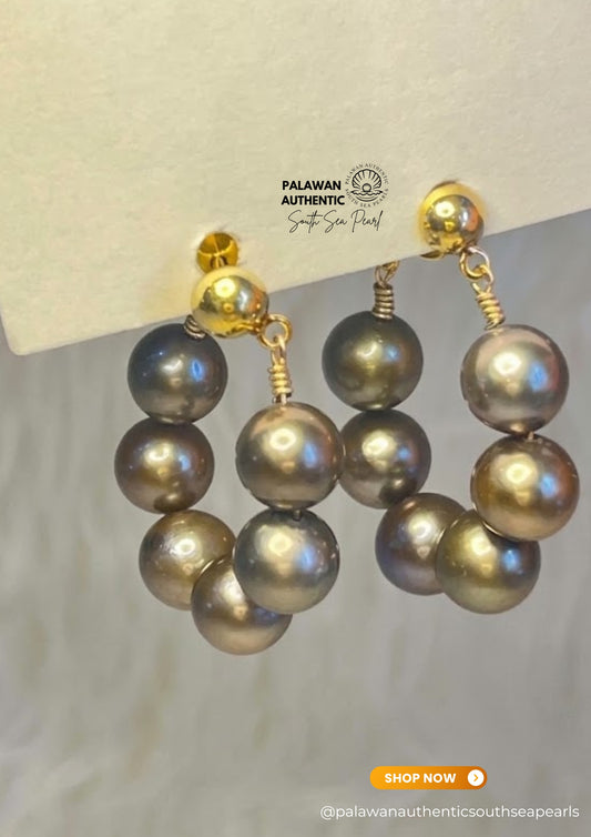 7.2 to 7.4mm Palawan Authentic Tahitian Black Color South Sea Pearl Earrings in 14K Real Gold Settings