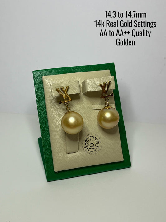 14.3 to 14.7mm Palawan Authentic Golden Color South Sea Pearl Earrings in 14k Real Gold Settings