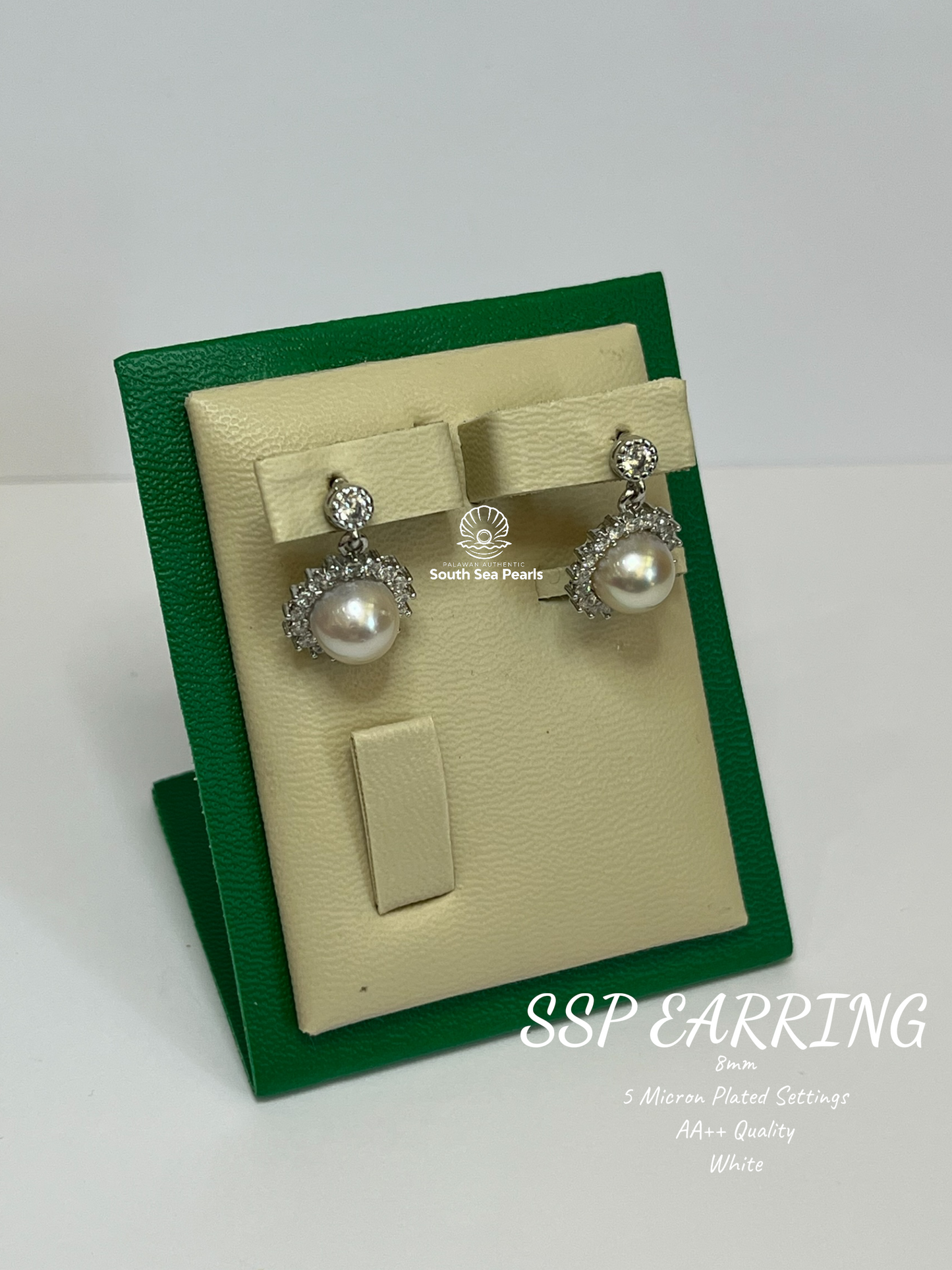 8mm Palawan Authentic White Color  South Sea Pearl Earrings in 5 Micron Plated Settings