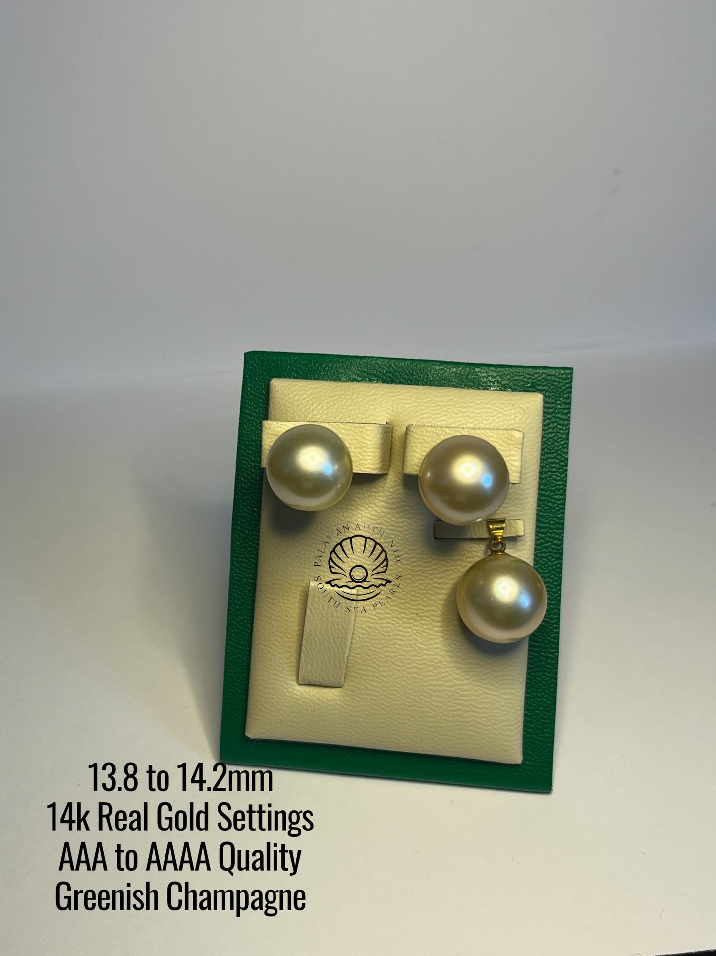 13.8 to 14.2mm Palawan Authentic Greenish Champagne Color South Sea Pearl Sets in 14k Real Gold Settings