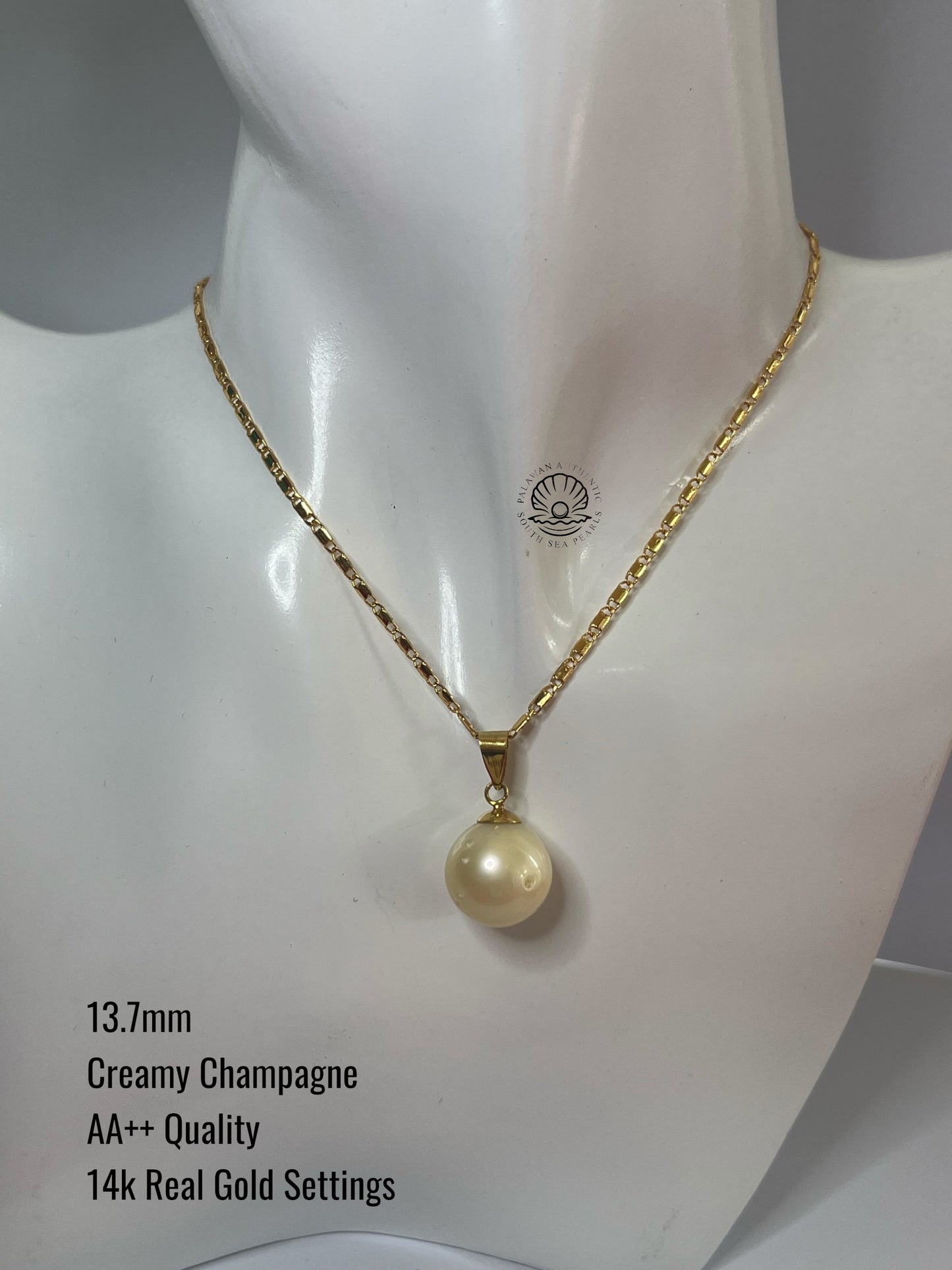 13.7mm Palawan Authentic Creamy Champagne Color South Sea Pearl Pendant in 14k Real Gold Settings