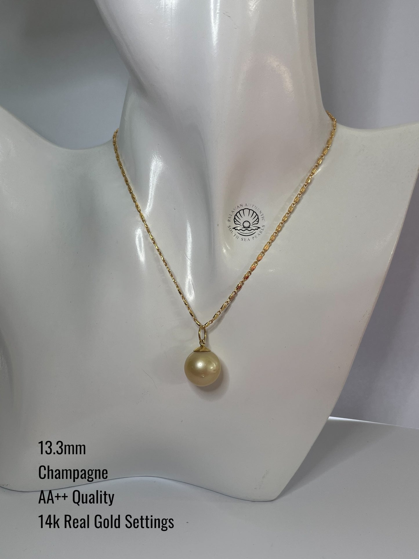 13.3mm Palawan Authentic Champagne Color South Sea Pearl Pendant in 14k Real Gold Settings
