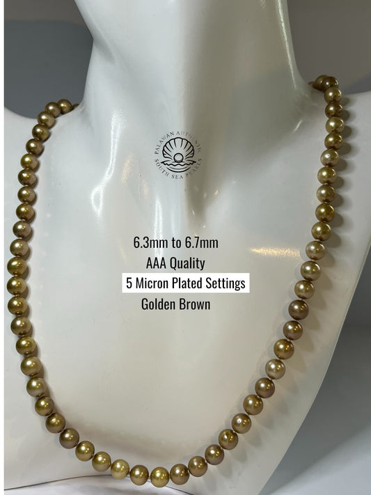 6.3 to 6.7mm Palawan Authentic Golden Brown Color South Sea Pearl Choker in 5 Micron Lock Settings