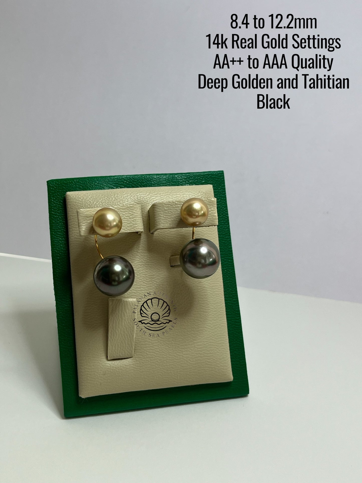 8.4 to 12.2mm Palawan Authentic Deep Golden and Tahitian Black Color South Sea Pearl Earrings in 14k Real Gold Settings
