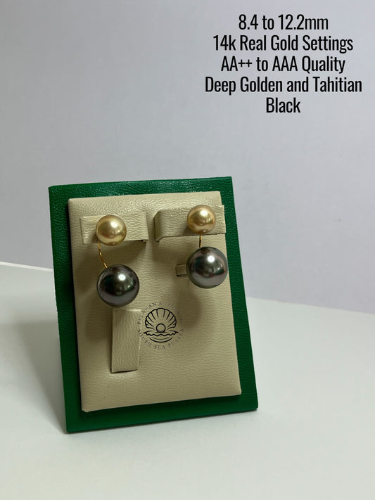 8.4 to 12.2mm Palawan Authentic Deep Golden and Tahitian Black Color South Sea Pearl Earrings in 14k Real Gold Settings