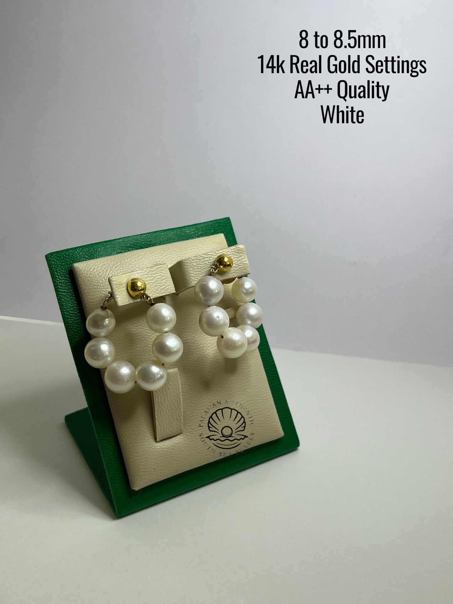 8mm to 8.5mm Palawan Authentic White Color South Sea Pearl Earrings in 14k Real Gold Settings