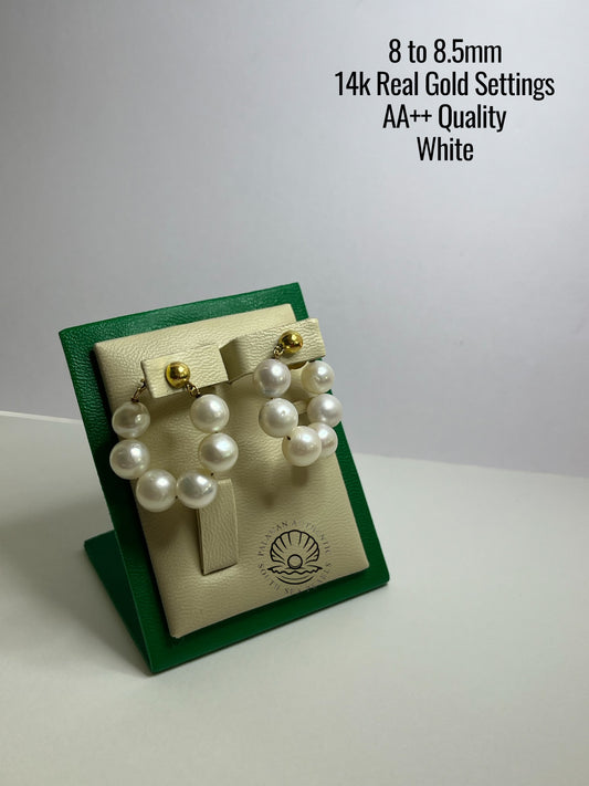 8mm to 8.5mm Palawan Authentic White Color South Sea Pearl Earrings in 14k Real Gold Settings