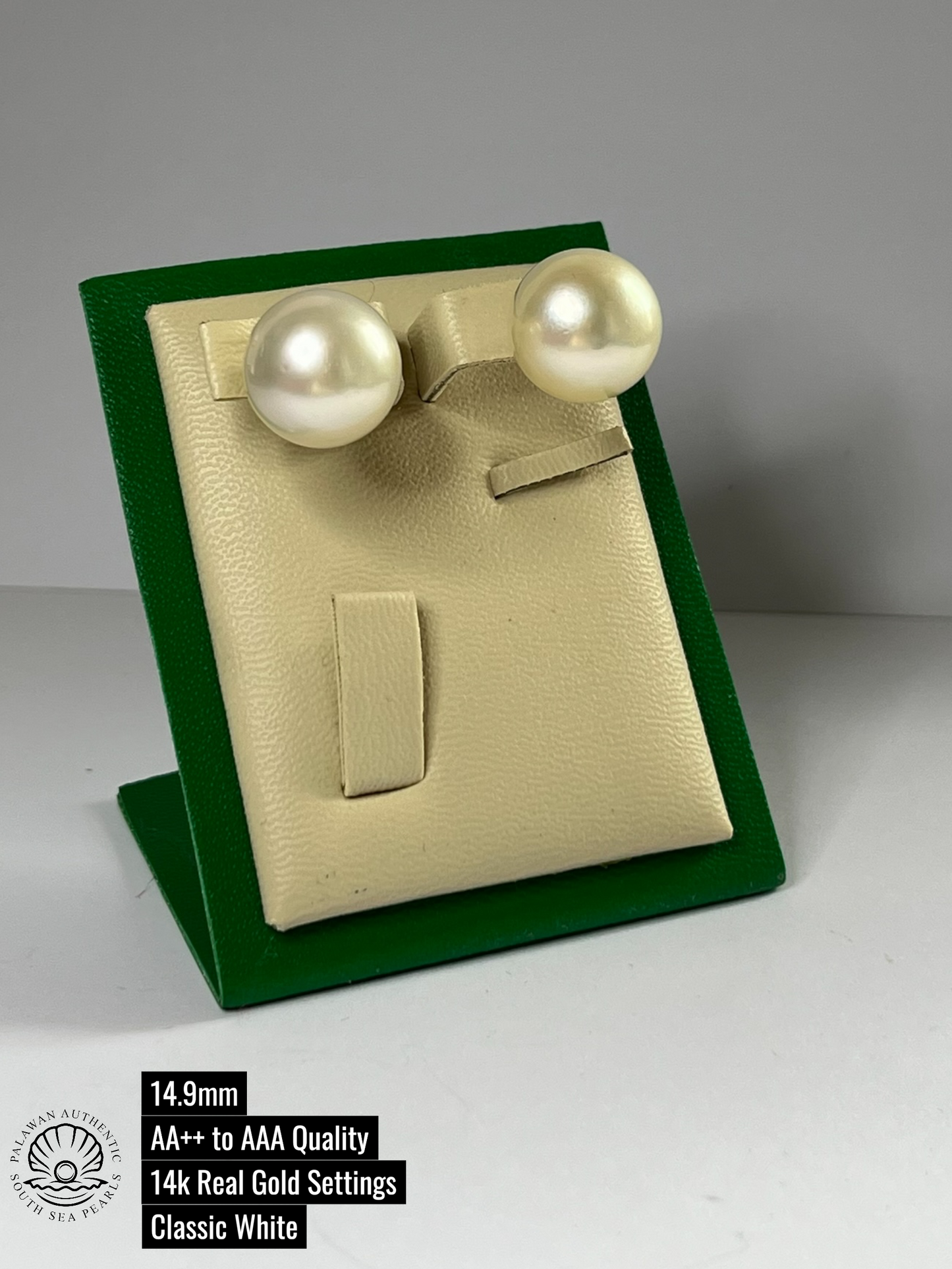 14.9mm Palawan Authentic Classic White Color South Sea Pearl Earrings in 14k Real Gold Settings