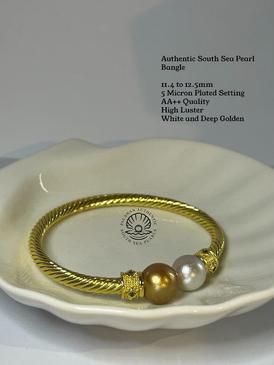 11.4 to 12.5mm Palawan Authentic White and Deep Golden Color South Sea Pearl Bangle in 5 Micron Plated Settings