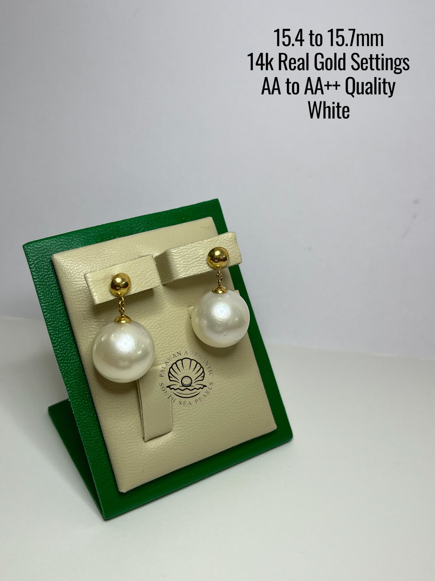 15.4 to 15.7mm Palawan Authentic White Color South Sea Pearl Earrings in 14k Real Gold Settings