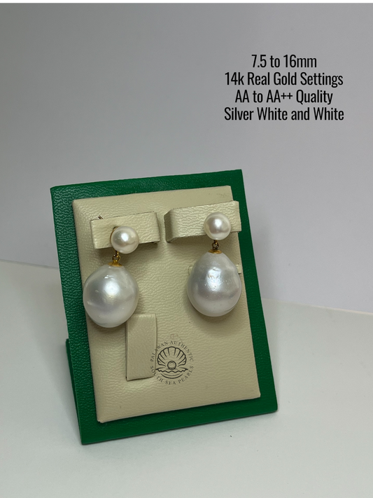 7.5 to 16mm Palawan Authentic White and Silver White Color South Sea Pearl in 14k Real Gold Settings