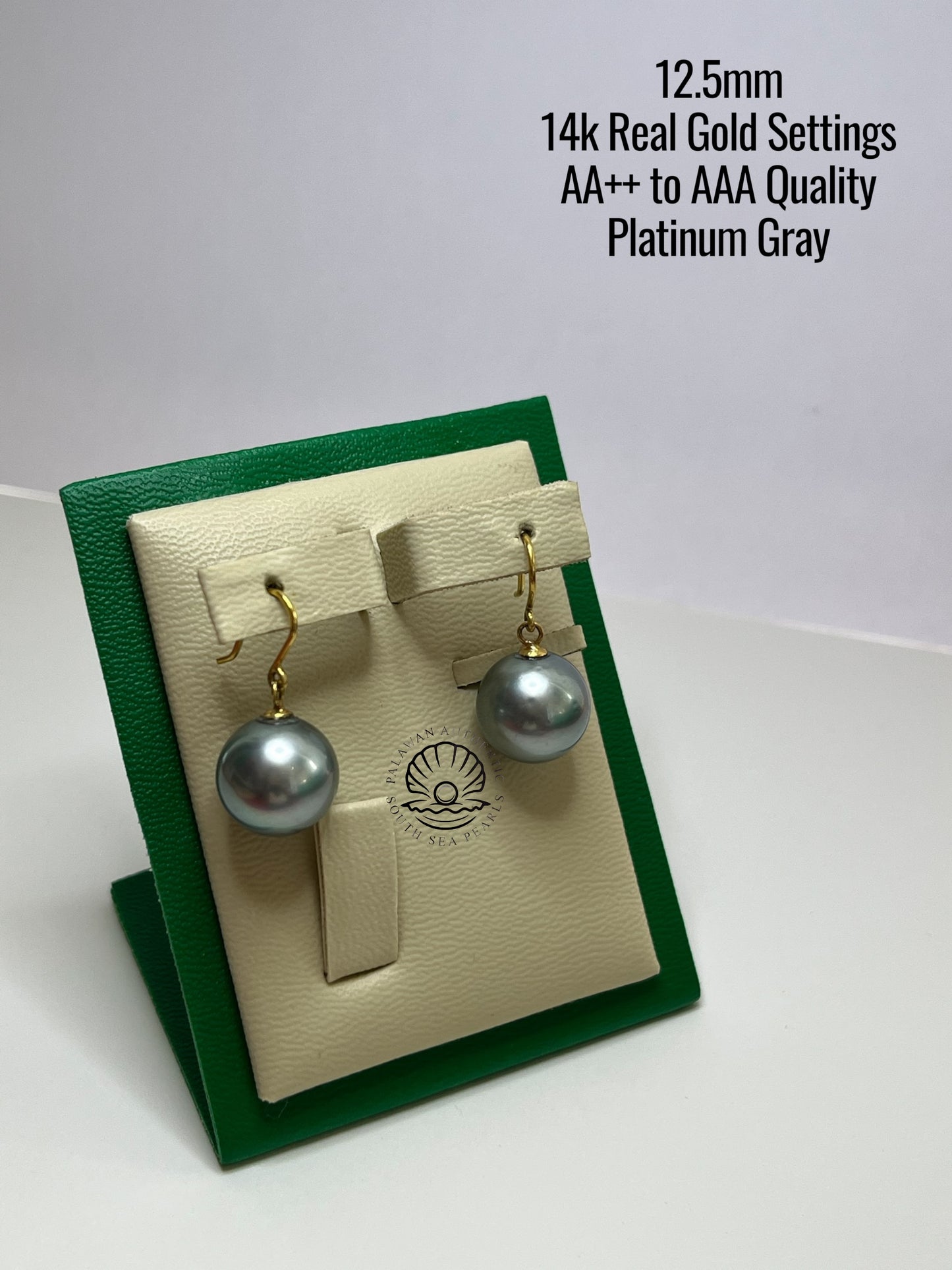 12.5mm Palawan Authentic Platinum Gray Color South Sea Pearl Earrings in 14k Real Gold Settings