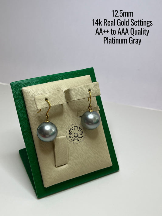 12.5mm Palawan Authentic Platinum Gray Color South Sea Pearl Earrings in 14k Real Gold Settings