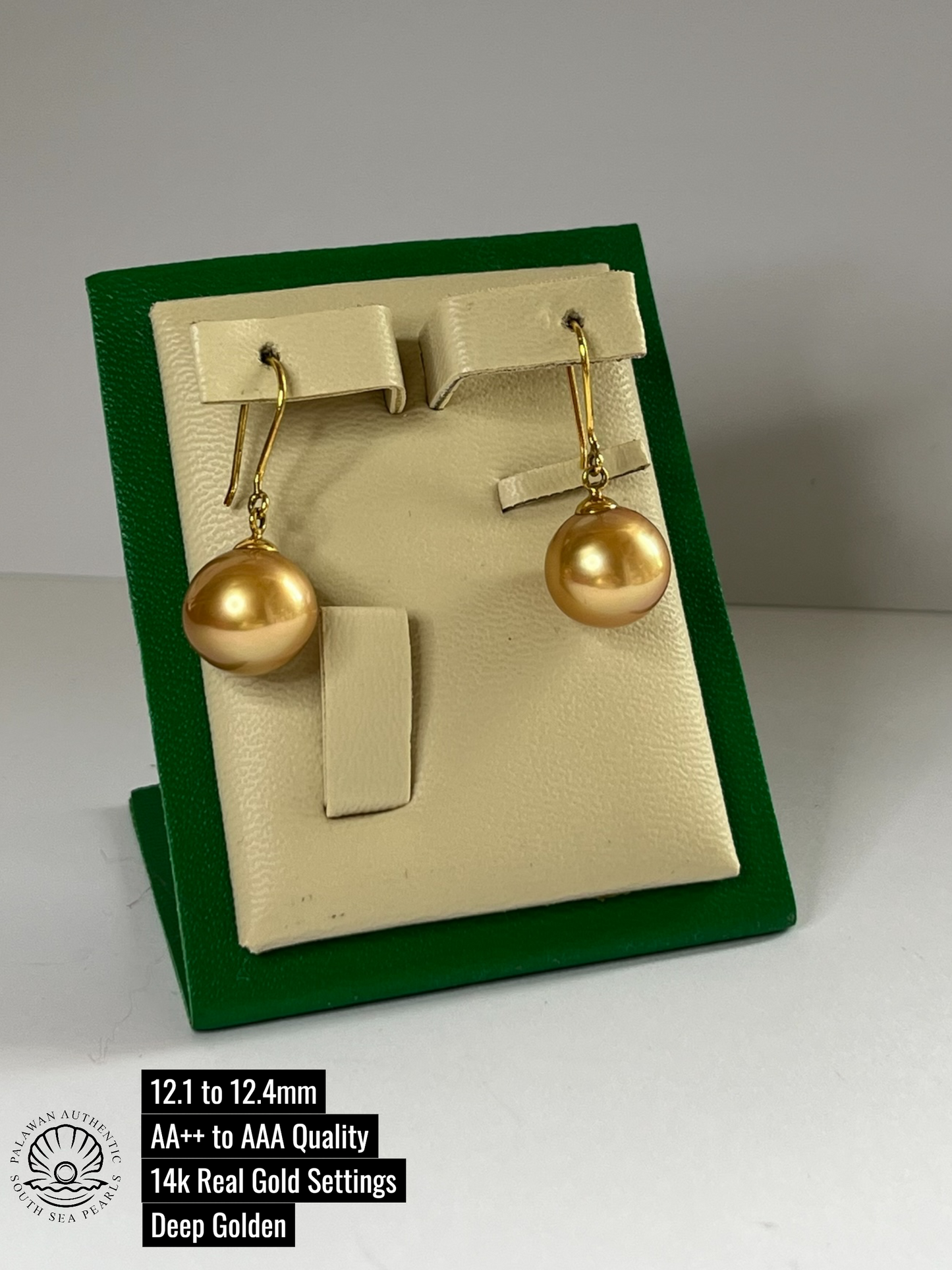 12.1 to 12.4mm Palawan Authentic Deep Golden Color South Sea Pearl Earrings in 14k Real Gold Settings