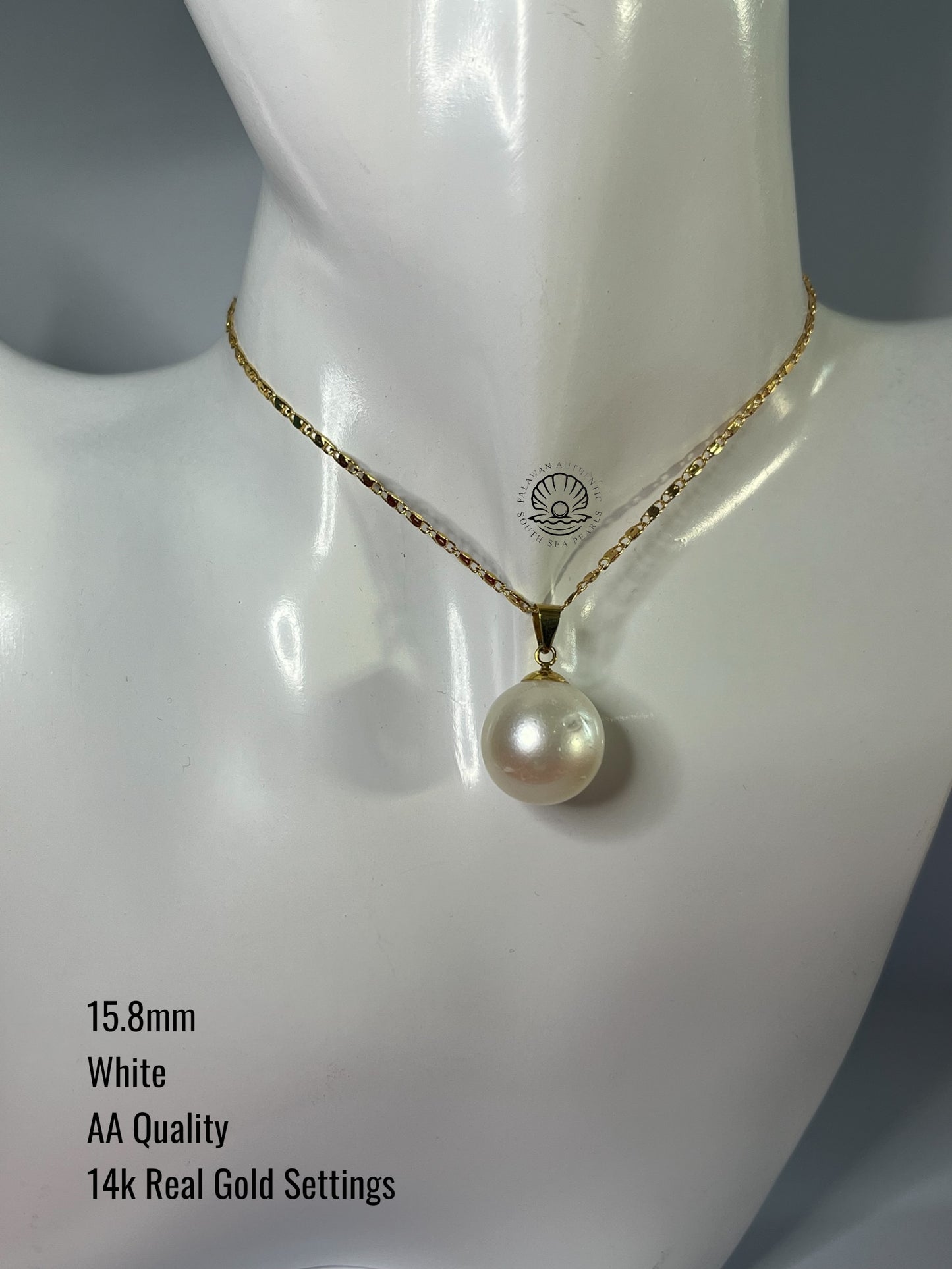 15.8mm Palawan Authentic White Color South Sea Pearl Pendant in 14k Real Gold Settings