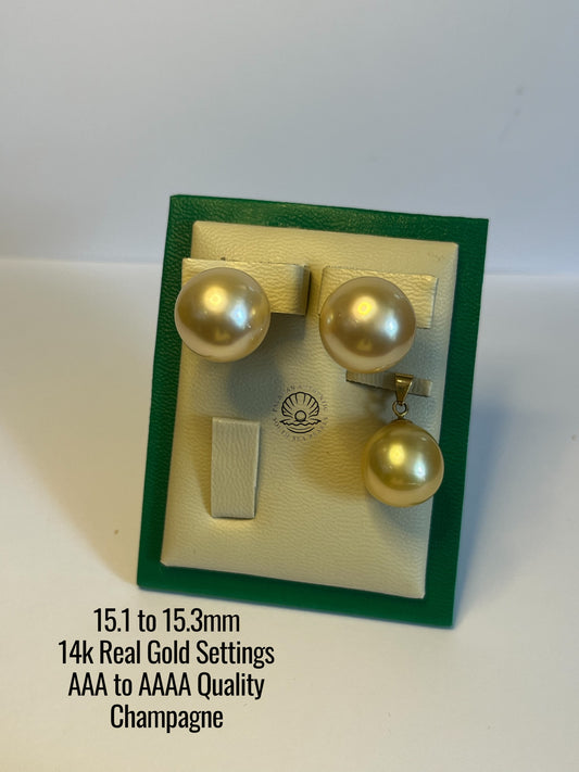 15.1 to 15.3mm Palawan Authentic Champagne  Color South Sea Pearl Sets in 14k Real Gold Settings