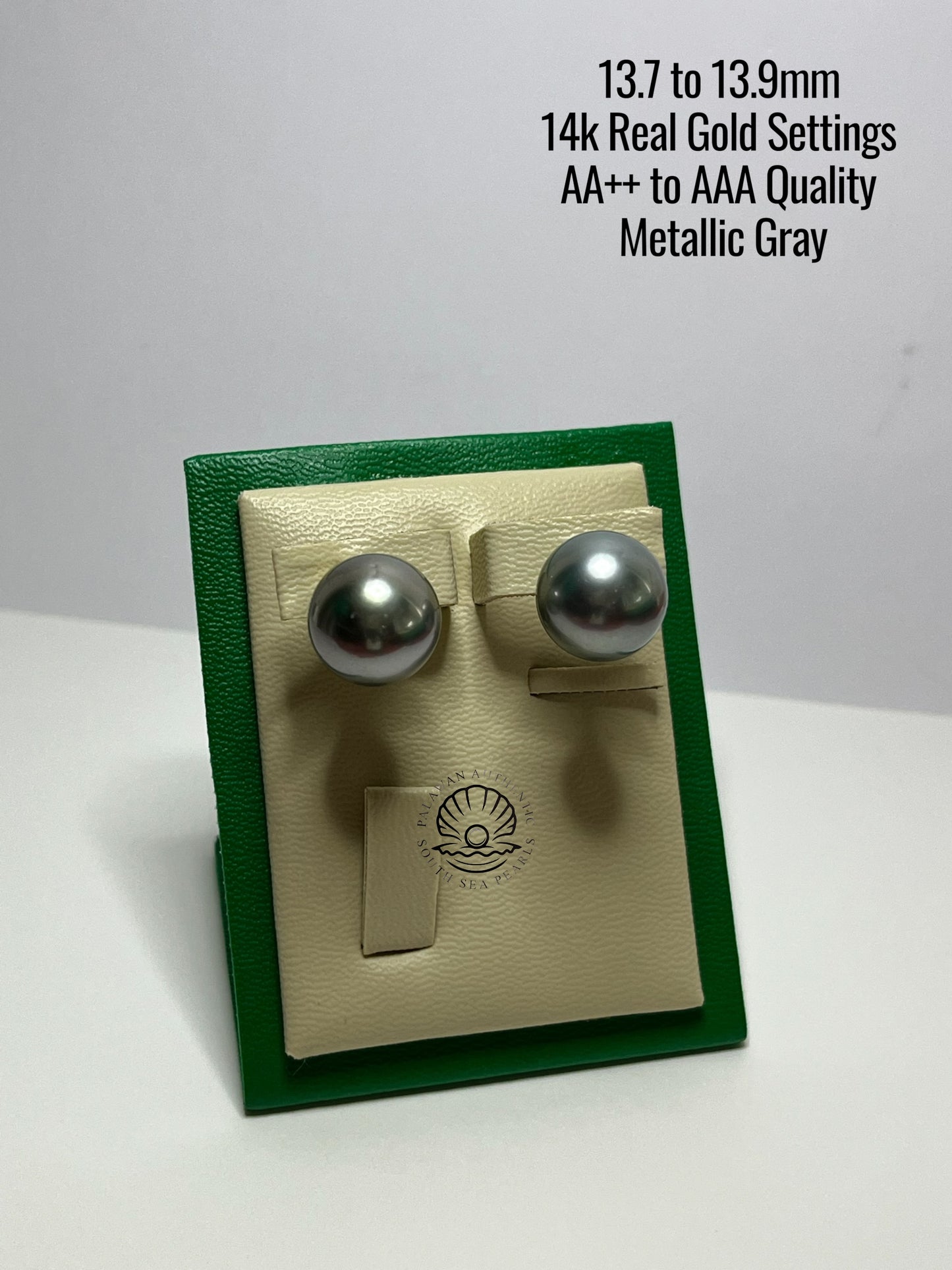 13.7 to 13.9mm Palawan Authentic Metallic Gray Color South Sea Pearl Earrings in 14k Real Gold Settings