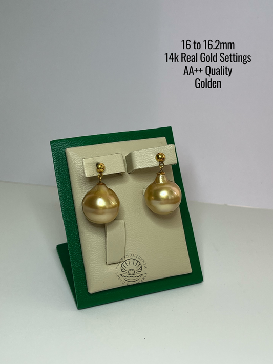 16 to 16.2mm Palawan Authentic Golden Color South Sea Pearl in 14k Real Gold Settings
