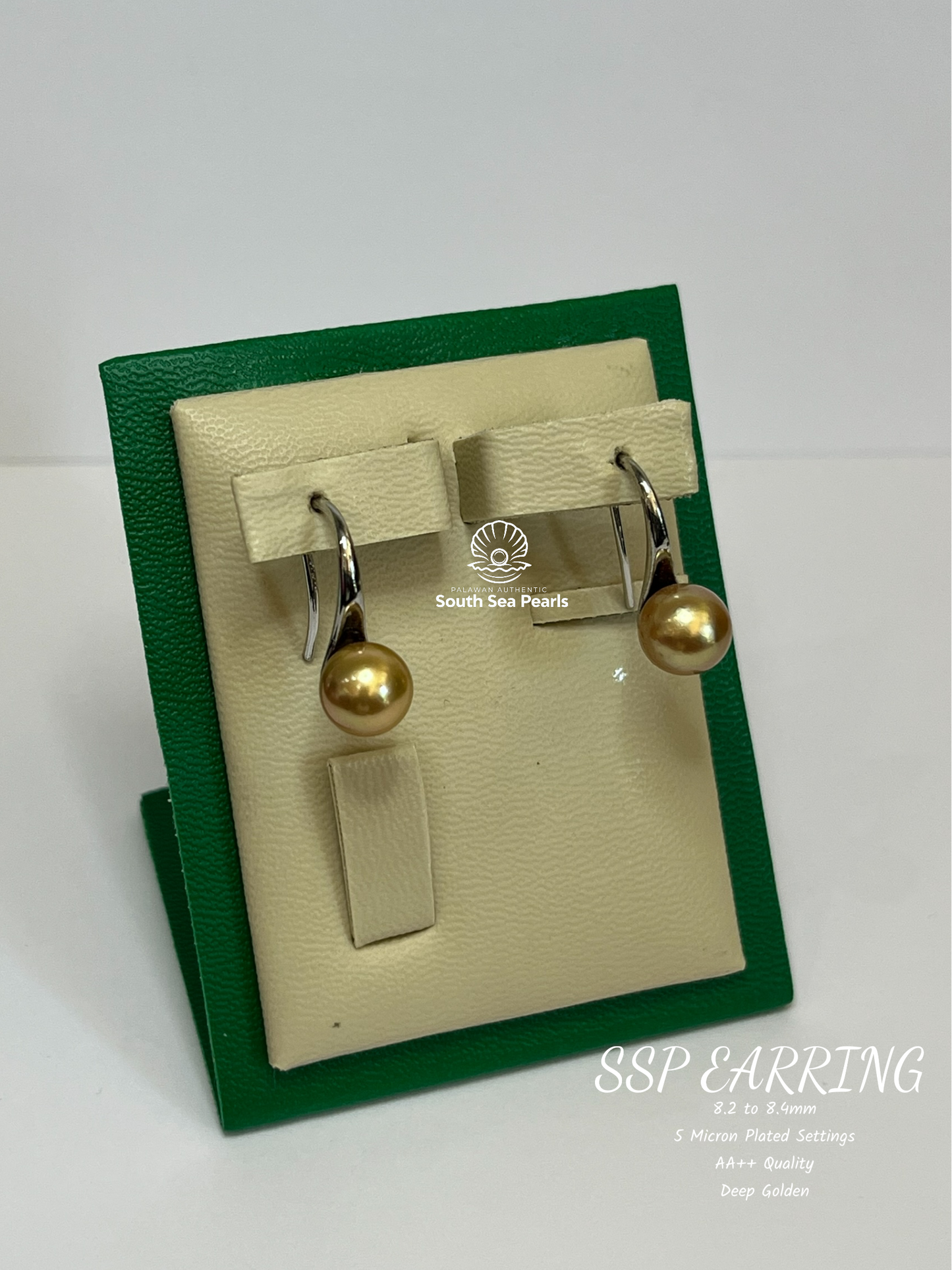 8.2 to 8.4mm Palawan Authentic Deep Golden Color South Sea Pearl Earrings in 5 Micron Plated Settings