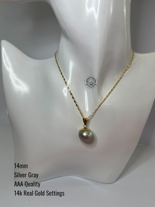 14mm Palawan Authentic Silver Gray Color South Sea Pearl Pendant in 14k Real Gold Settings